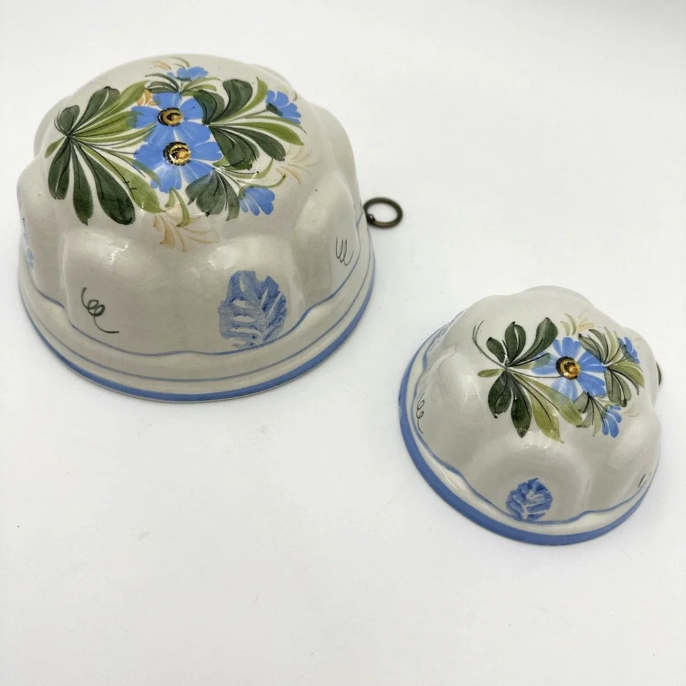 Ceramiche ABC Bassano Italy Mold Set of 2 White Blue Floral Hand Painted Vintage